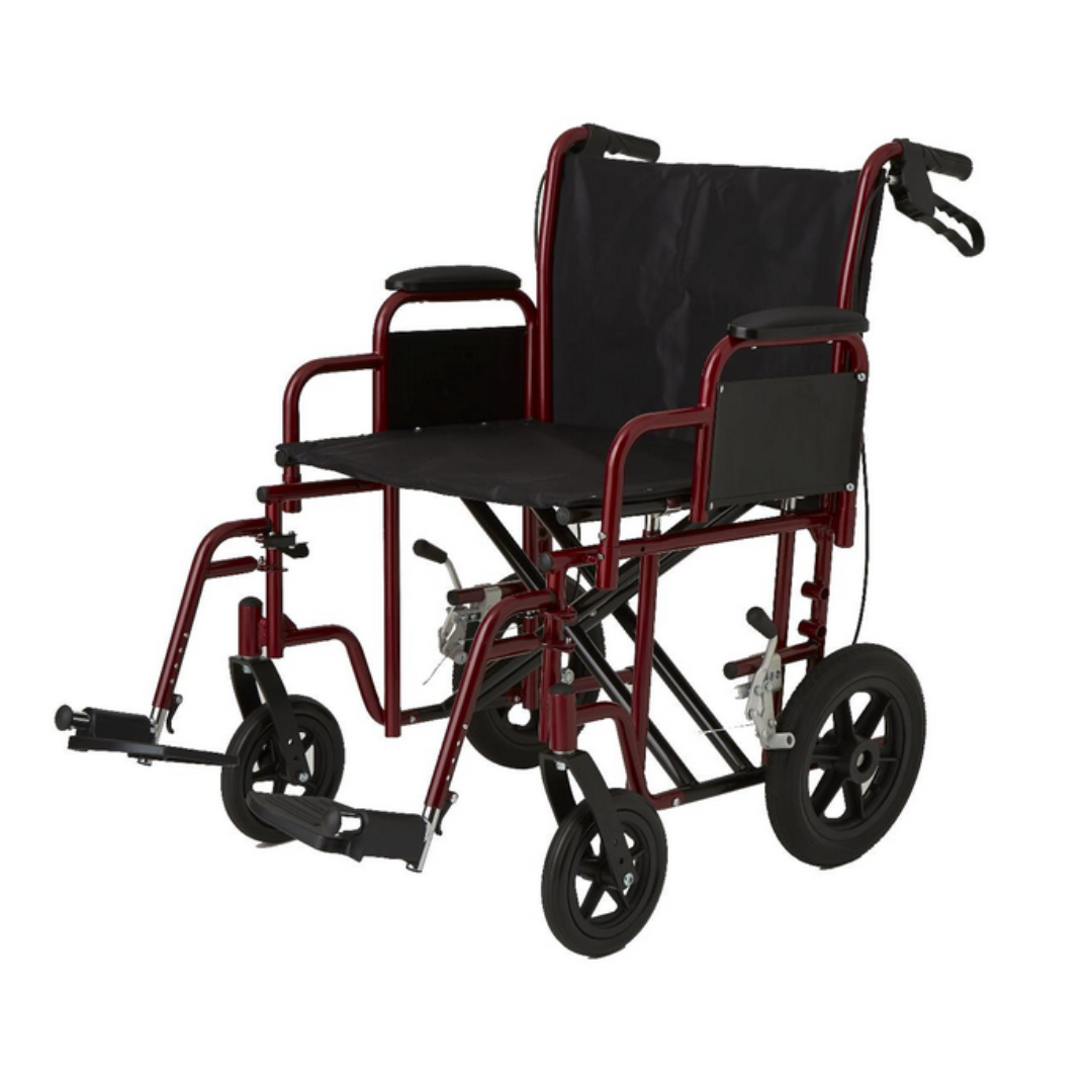The Medline Bariatric Transport Chair features a red, lightweight, foldable design with black armrests and upholstery for easy transport. It includes larger rear wheels, smaller front ones, and swing-away footrests—ideal for enhanced mobility.